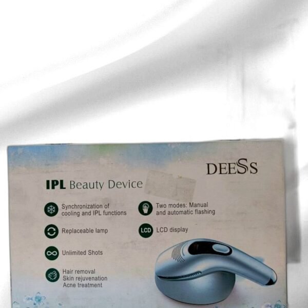 DEESS IPL BEAUTY DEVICE SYNCHRONIZATION OF COOLING AND IPL FUNCTIONS GREPLACEABLE LAMP UNLIMITED SHOTS HAIR REMOVAL SKIN REJUVENATION ACNE TREATMENT TWO MODES: MANUAL AND AUTOMATIC FLASHING LCD DISPLAY