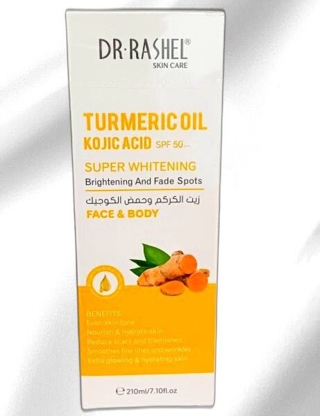 DR RASHEL TURMERIC OIL KOJICACID SPF 5. SUPER WHITENING BRIGHTENING AND FADE SPOTS FACE & BODY E210M/7.10FL.OZ