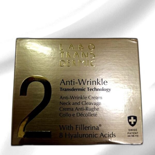 LABOTRANSDERMC ANTI-WRINKLETRANSDERMIC TECHNOLOGYANTI-WRINKLE CREAMNECK AND CLEAVAGECREMA ANTI-RUGHECOLLO E DÉCOLLETÉWITH FILLERINA8 HYALURONIC ACIDS